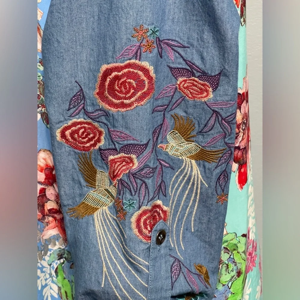 Calessa Boho Patchwork Floral Button Front Tunic Shirt Embroidered Sleeves 2X - Picture 6 of 9